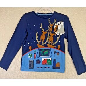 Mini Boden Shirt Kids 11-12 Years Blue Reindeer Sleigh Long Sleeve Christmas